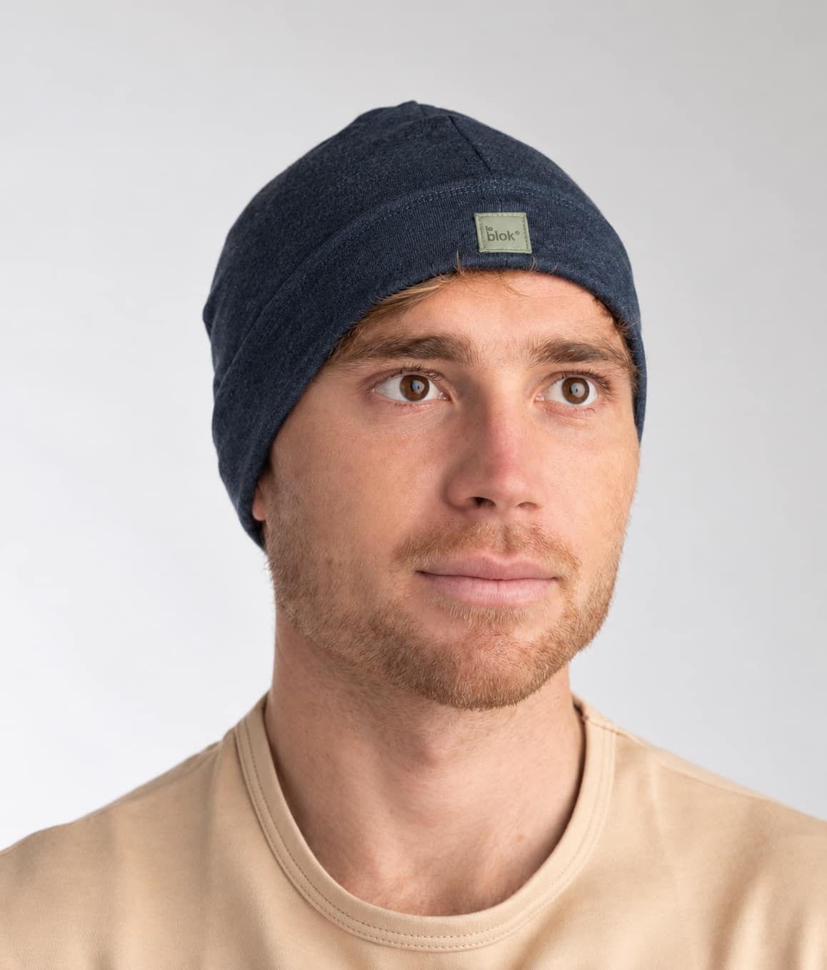 EMF protective beanie Leblok Navy on a model
