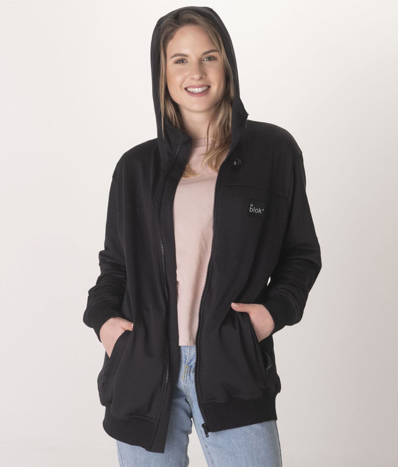 EMF protection zipped hoodie Leblok on a woman - zip open