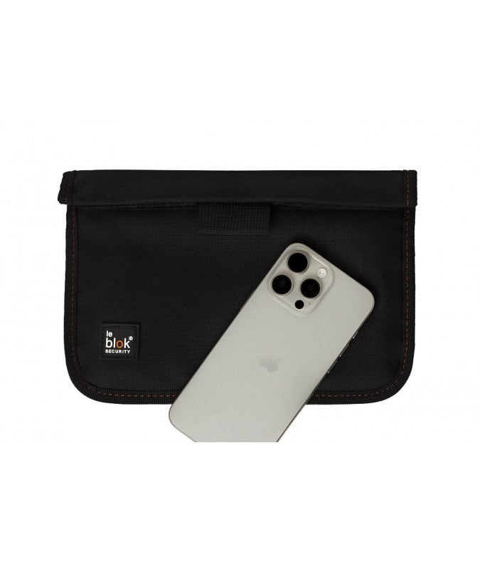 Faraday bag Leblok Security with a smartphone on top of it
