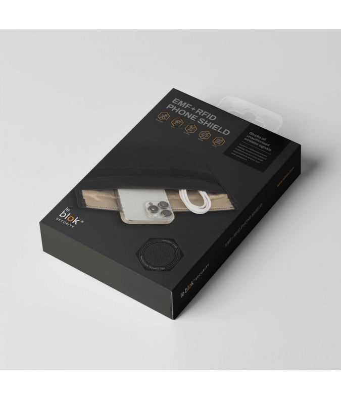 Black phone shield packaging with images of a phone and a shield on a light gray background